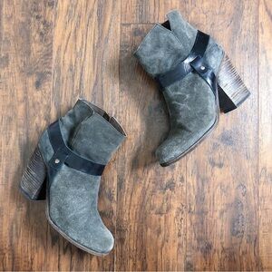 Coclico • suede ankle boots grey leather harness strap stacked high heel bootie